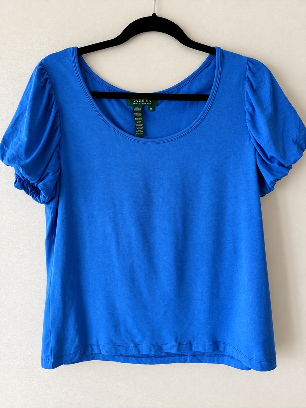 Lauren Ralph Lauren Blue Puff Sleeve Scoop Neck Top Size L NWT